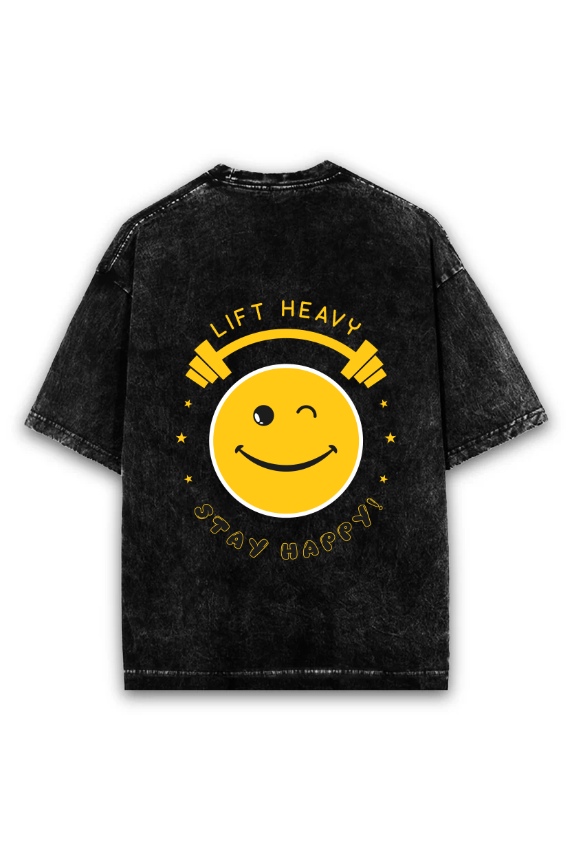 Lift Heavy Stay Happy — Oversized Acid Wash Tee