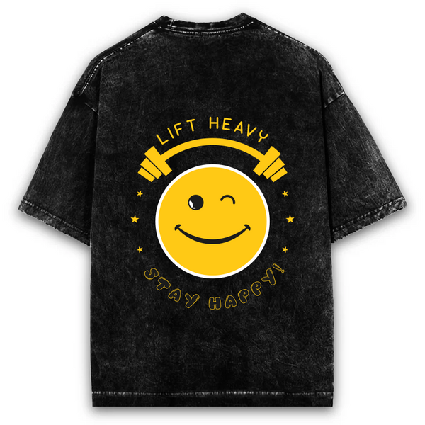 Lift Heavy Stay Happy — Oversized Acid Wash Tee back
